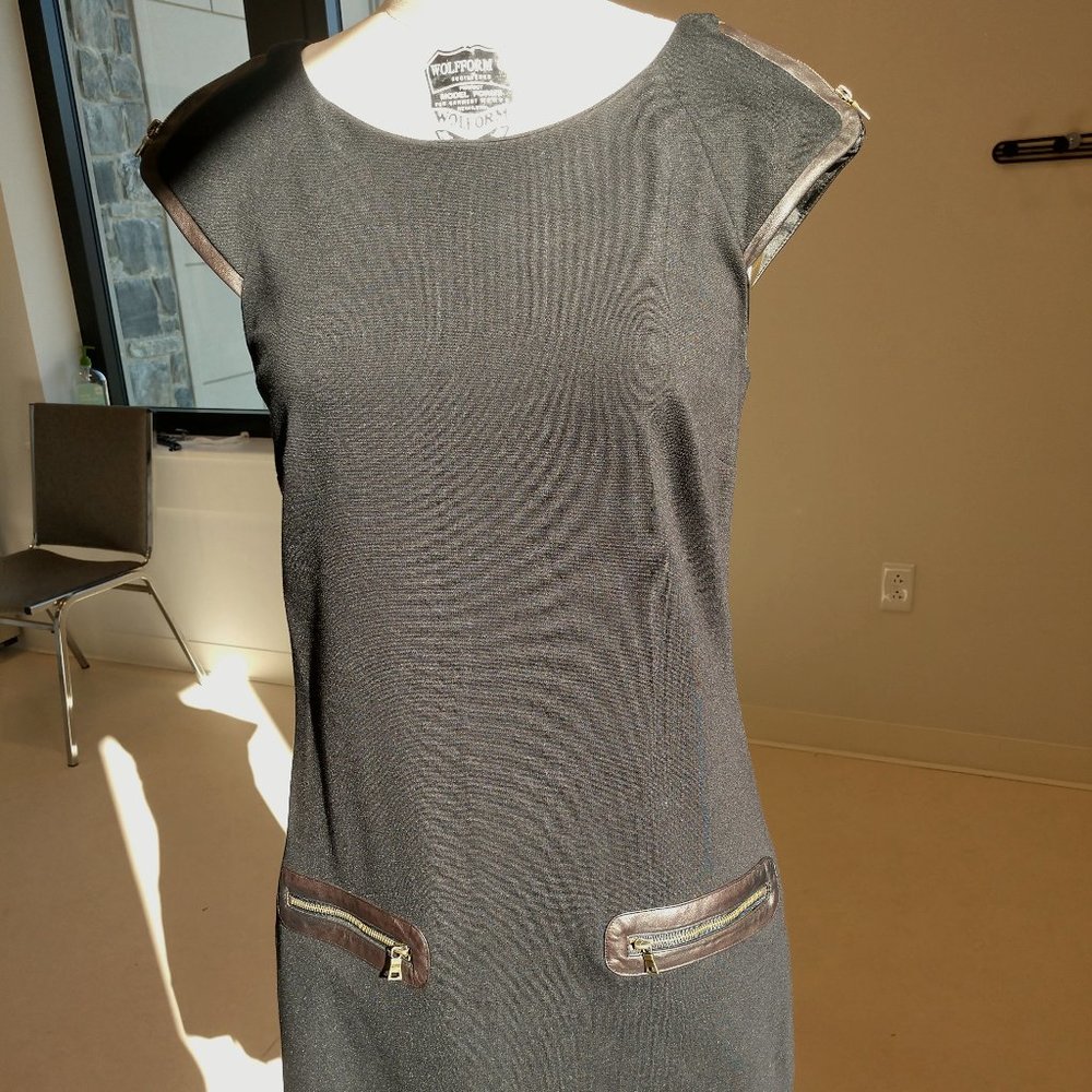 Black Knit Short Shift Dress with Brown Faux trim